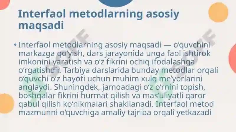 Umumta’lim maktablarida tarbiya fanini o‘qitish jarayonida interfaol metodlardan foydalanish 5