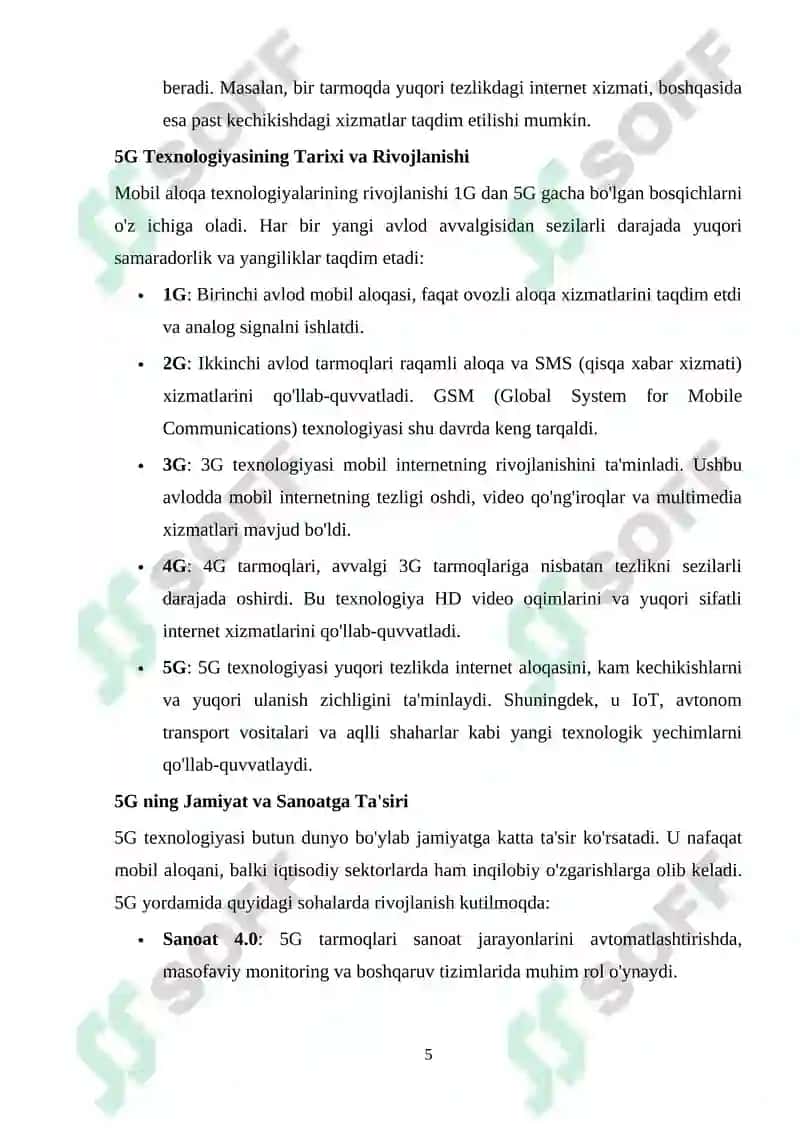 5 G harakatdagi aloqa sotali tarmoqlarining standartlari 5