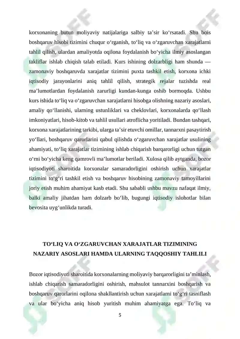 Toʻliq va oʻzgaruvchan harajatlarni xisobga olish 5