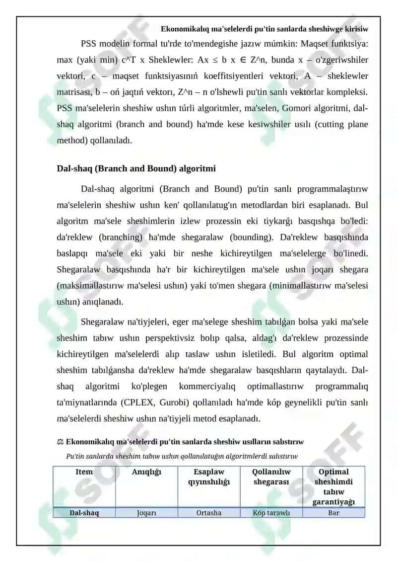 Pu'tin sanlı optimallastırıw usılları 5
