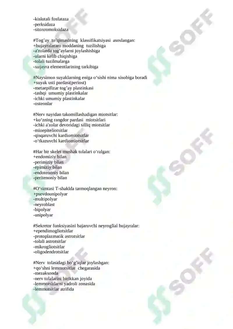 GISTOLOGIYA, SITOLOGIYA, EMBRIOLOGIYA FANIDAN SINOV TEST SAVOLLARI TO’PLAMI 5