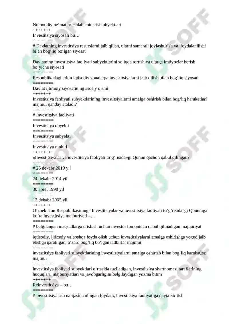 “INVESTITSIYA” FANIDAN TESTLAR 5