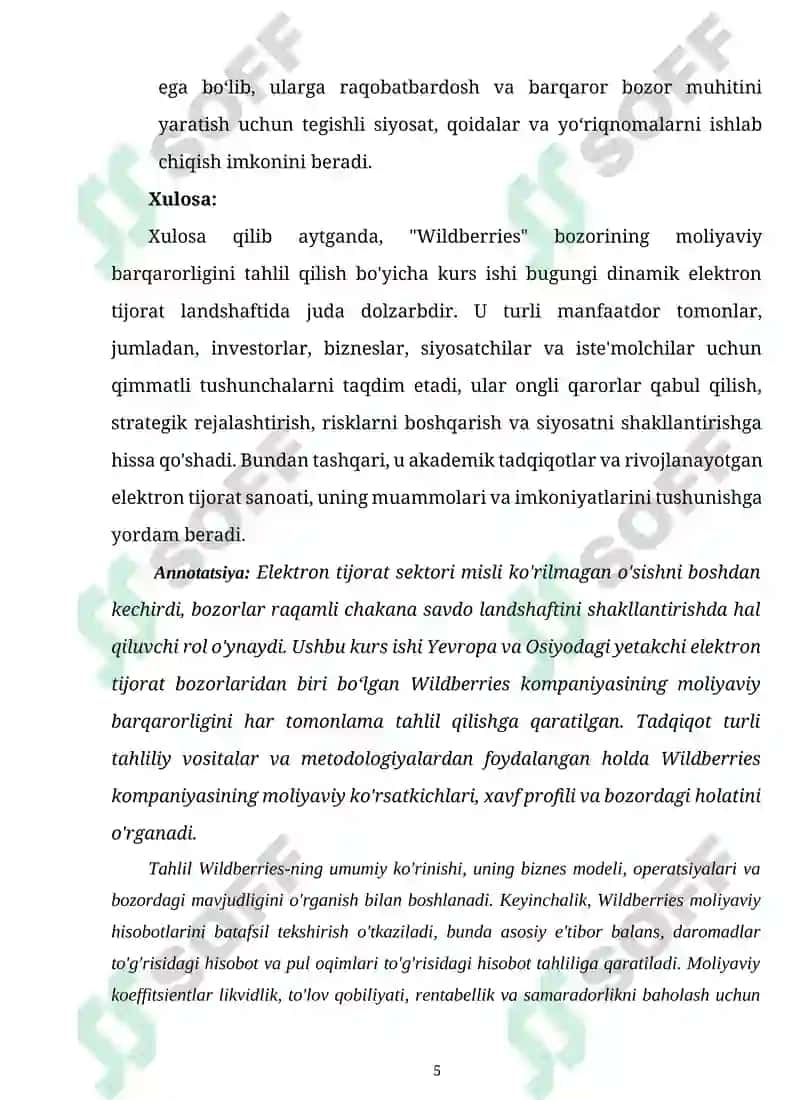 "WILDBERRIES" MARKET MARKETPLEYSINING MOLIYAVIY BARQARORLIK TAHLILI 5