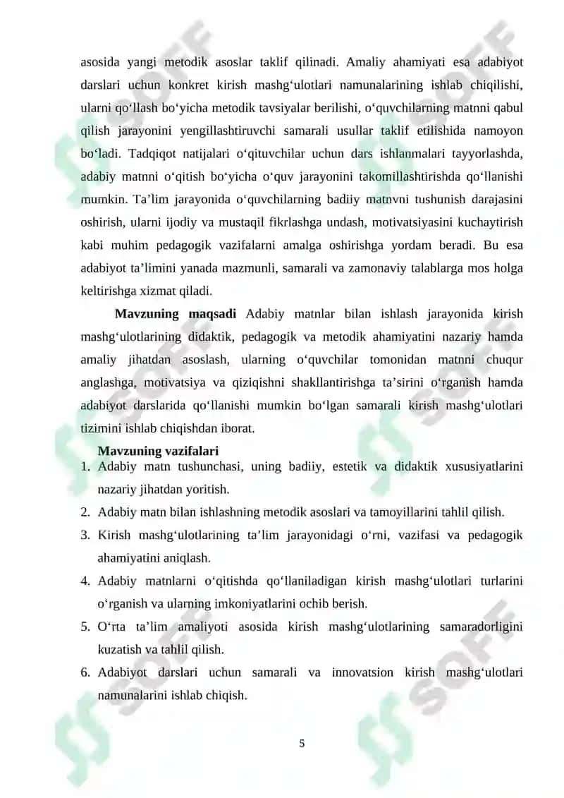 Adabiy matnlar bilan ishlashda kirish mashg‘ulotlarining oʻrni 5