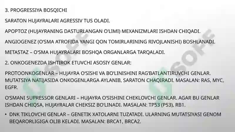 Onkogenez  Oʻsmalarning onkogenlari, protoonkogenlari va suppressor genlar 6