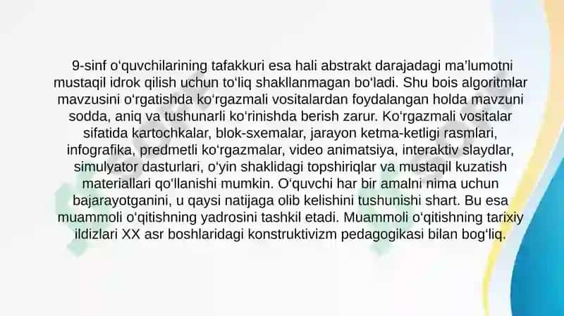"9-sinfda Algoritmlash va dasturlash asoslari mavzusida muammoli o‘qitishni qo‘llash usullari" 6