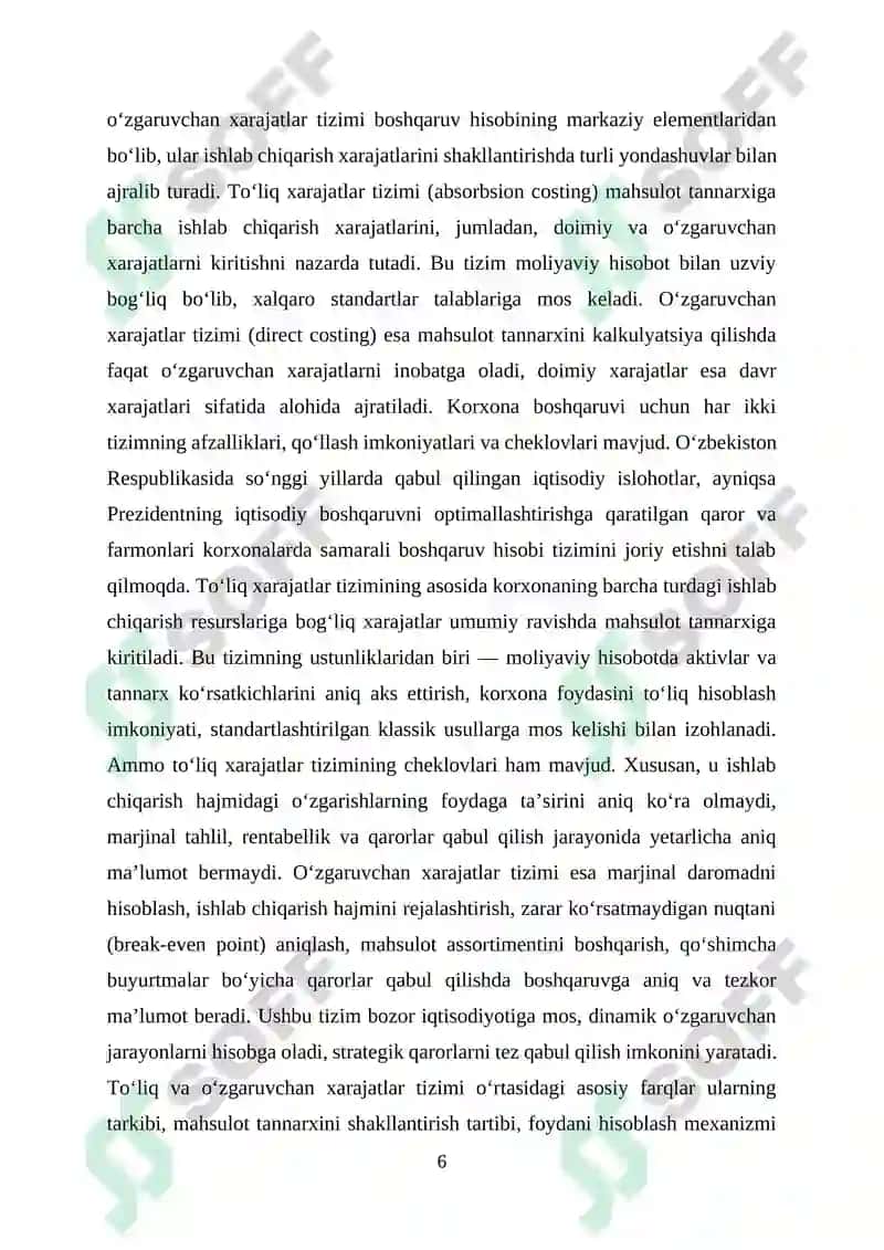 Toʻliq va oʻzgaruvchan harajatlarni xisobga olish 6