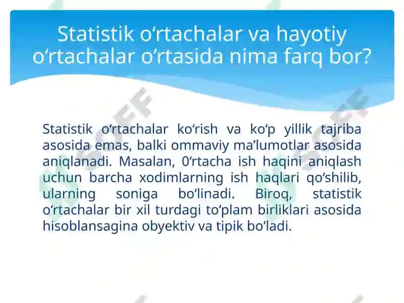 Statistik ko‘rsatkichlar. O‘rtacha miqdorlar. Variatsiya ko‘rsatkichlari 6