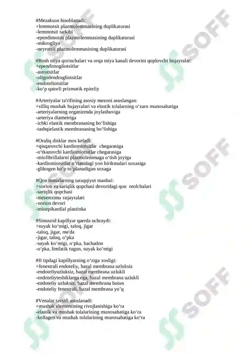 GISTOLOGIYA, SITOLOGIYA, EMBRIOLOGIYA FANIDAN SINOV TEST SAVOLLARI TO’PLAMI 6
