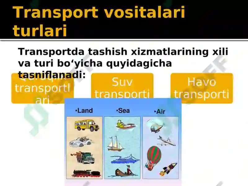 Turizm sohasida transportda tashish turlari va ularning tasniflanishi 6