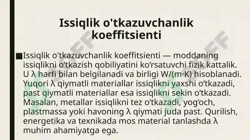 Issiqlik oʻtkazuvchanlik. Issiqlik oʻtkazuvchanlik turlari 6