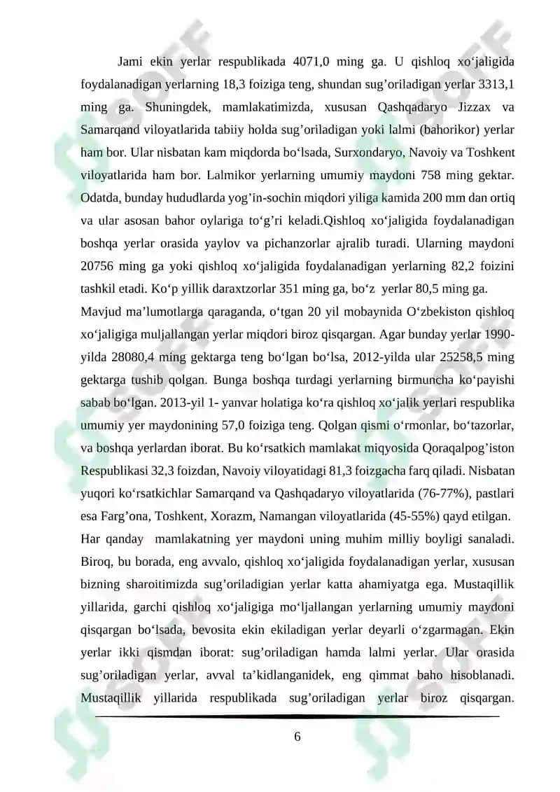 O‘zbekiston qishloq xo‘jaligi kurs ishi 6