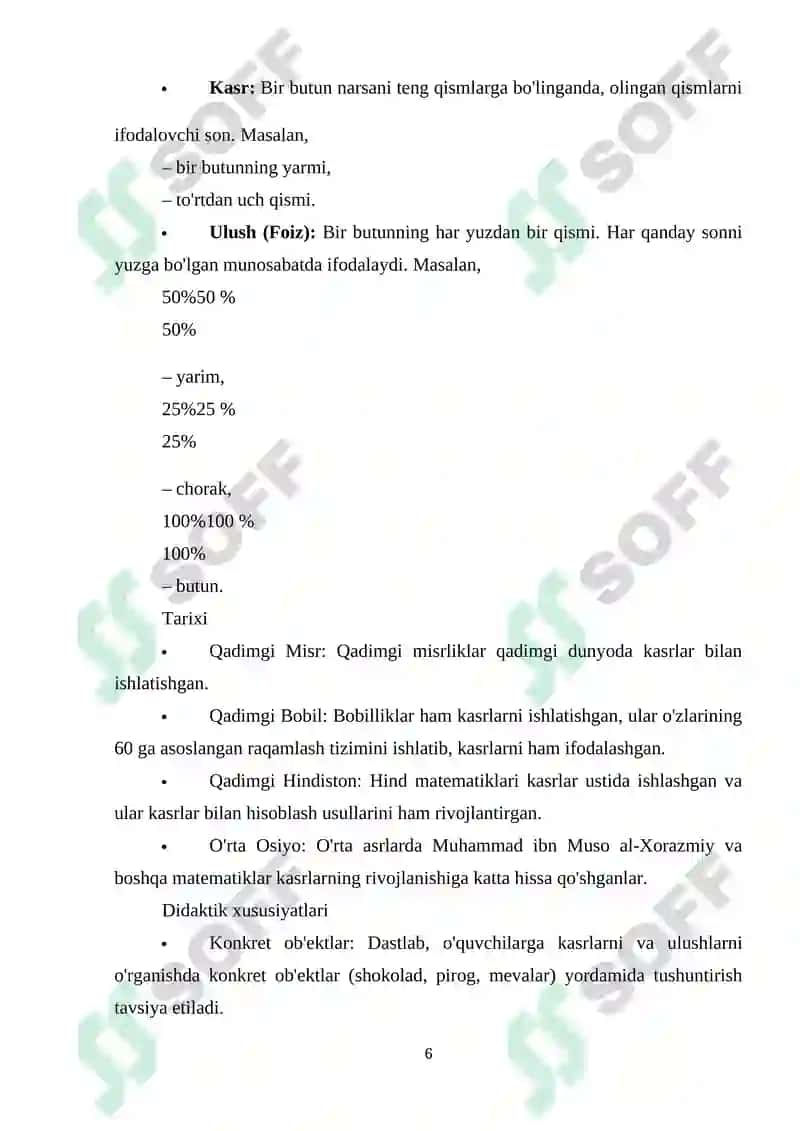 Ulushlar va kasrlar bilan tanishtirish metodikasi (boshlang`ich sinflarda). 6