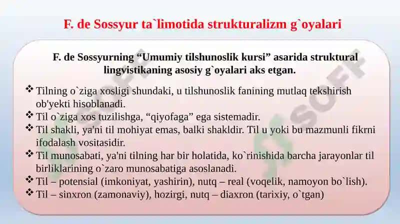 DE SOSSYURNING LINGVISTIK NAZARIYASI. TILSHUNOSLIKDA STRUKTURALIZM. TIL – BELGILAR SISTEMASI SIFATIDA. SEMIOTIKA 6