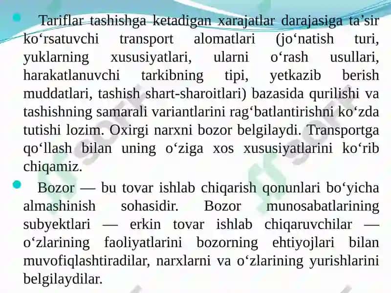 Transport Xarajatlari va Tariflari 6