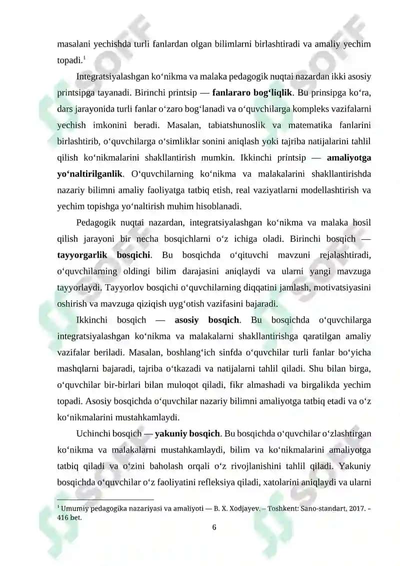 BOSHLANG’ICH SINFDA INTEGRATSIYALASHGAN KO’NIKMA VA MALAKA HOSIL QILISHNING O’ZIGA XOSLIGI 6