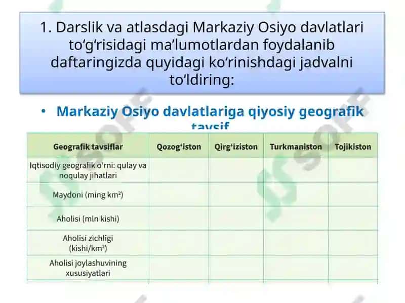 Amaliymashg‘ulot Markaziy Osiyo mamlakatlarining qiyosiy geografik tavsiﬁ 6