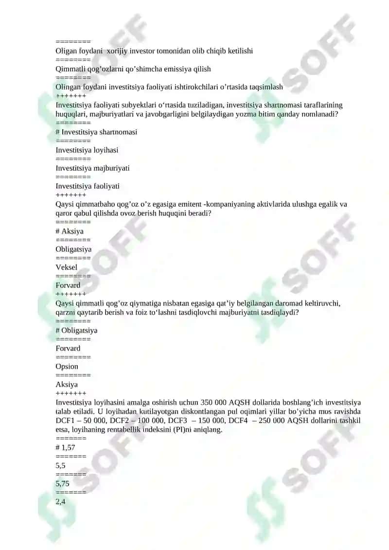 “INVESTITSIYA” FANIDAN TESTLAR 6