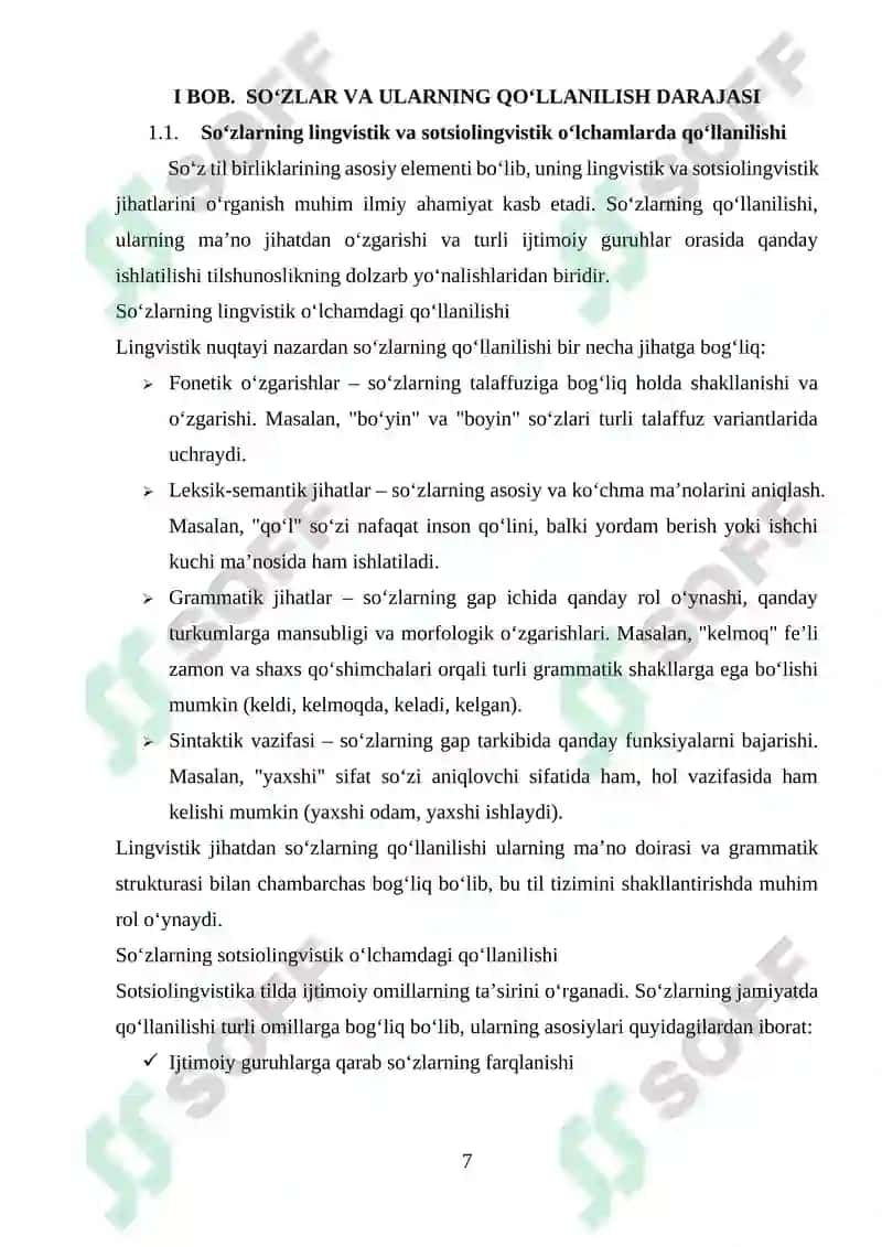"Oʻzbek tilida soʻzlarning qoʻllanilish darajasiga koʻra turlari" 7