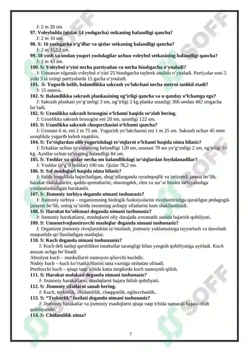 Jismoniy tarbiya fanidan yopiq test savollar va javoblar 7