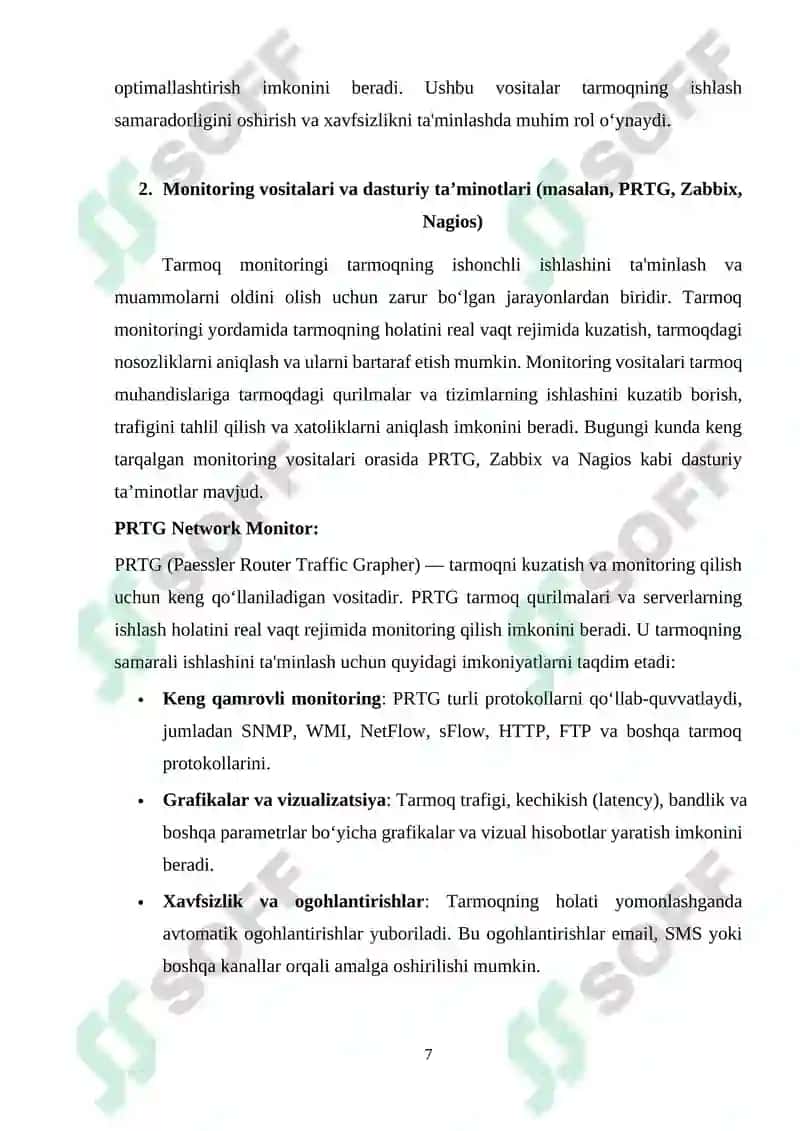 Ma’lumotlar uzatish tarmoqlarining ishonchlilik ko`rsatkichlariga talablar va ularni oshirish usullari. Ma’lumotlar uzatish tarmoqlarida monitoring usullari va protokollari 7