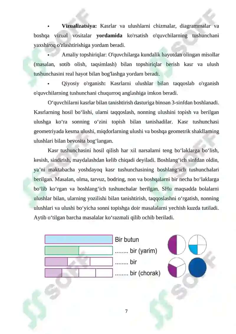 Ulushlar va kasrlar bilan tanishtirish metodikasi (boshlang`ich sinflarda). 7