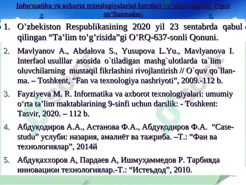 O’QITISHNI TASHKIL ETISHDA QO’LLANILADIGAN TA’MINOTLAR 7