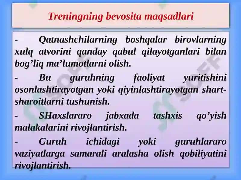 SHAXSNI BARKAMOLLASHTIRUVCHI TRENINGLAR 7