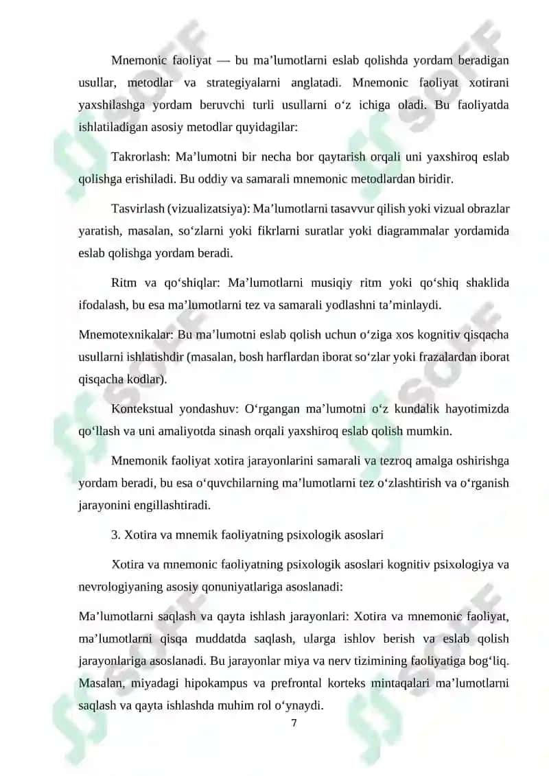 O‘QUVCHILARNING XOTIRASI VA MNEMIK FAOLIYAT DIAGNOSTIKASI 7