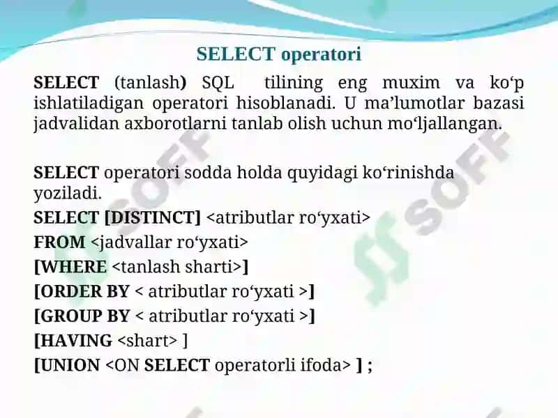 SELECT оpеratоri va uning sintaksisi. Select bo’limi, so’rоvlar ifоdasi 7