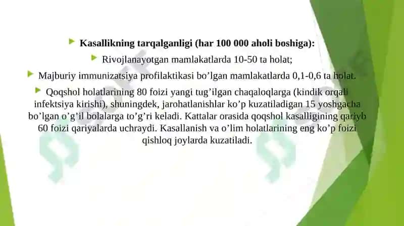 Qoqshol kasalligi — sabablari, alomatlari, yuqish yo’llari, davolash, oldini olish 8