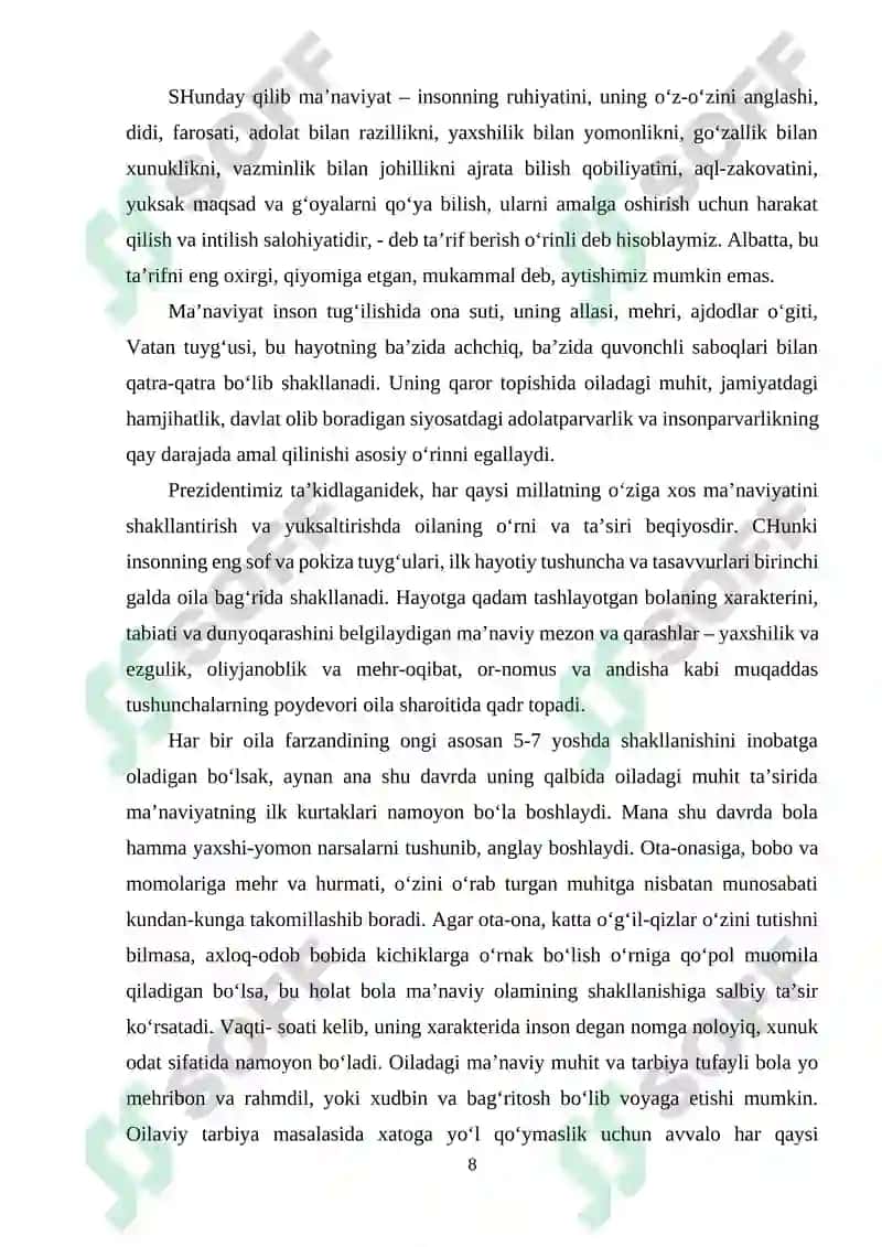 Kurs ishi: MA`NAVIYAT VA MILLIY G`OYA 8