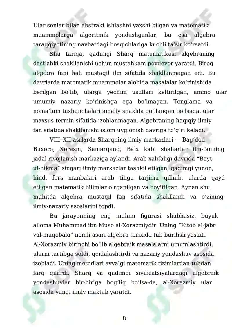 ALGEBRA FANINING VUJUDGA KELISHI VA RIVOJLANISHI 8