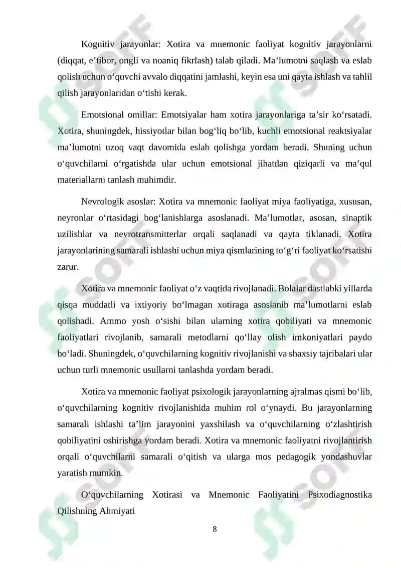 O‘QUVCHILARNING XOTIRASI VA MNEMIK FAOLIYAT DIAGNOSTIKASI 8