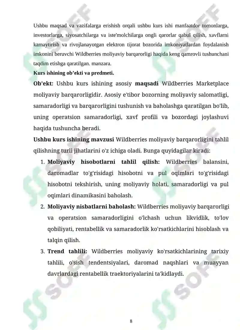 "WILDBERRIES" MARKET MARKETPLEYSINING MOLIYAVIY BARQARORLIK TAHLILI 8