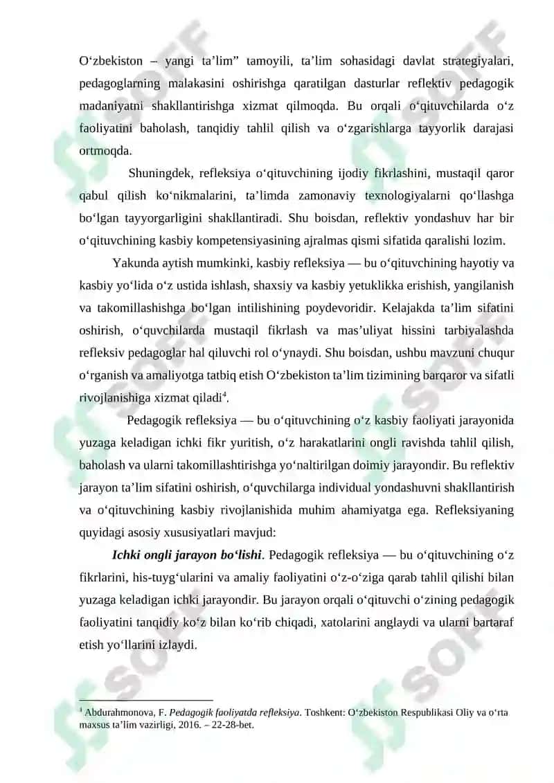 O’qituvchining pedagogik faoliyatda kasbiy refleksiyaning o’rni 8