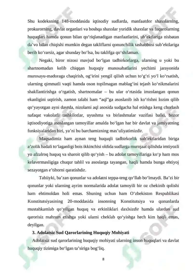 ADOLATSIZ HUKM, HAL QILUV QARORI, AJRIM YOKI QAROR CHIQARISHNING JINOIY-HUQUQIY XUSUSIYATLARI 8