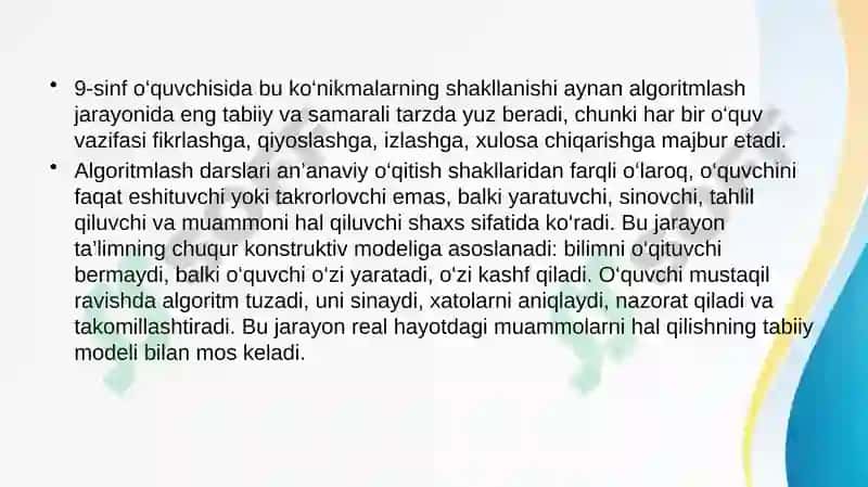 "9-sinfda Algoritmlash va dasturlash asoslari mavzusida muammoli o‘qitishni qo‘llash usullari" 8