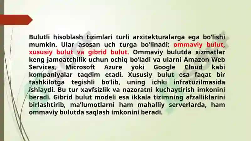 Bulutli hisoblashlar (Cloud compyuting) va ularning asosiy tushunchalari 8