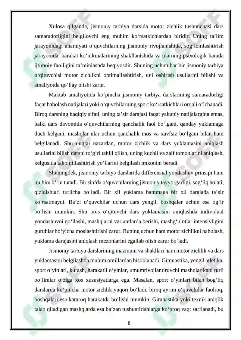 Jismoniy tarbiya darsining umumiy mator zichligi, dars yuklamasini aniqlash usullari 8