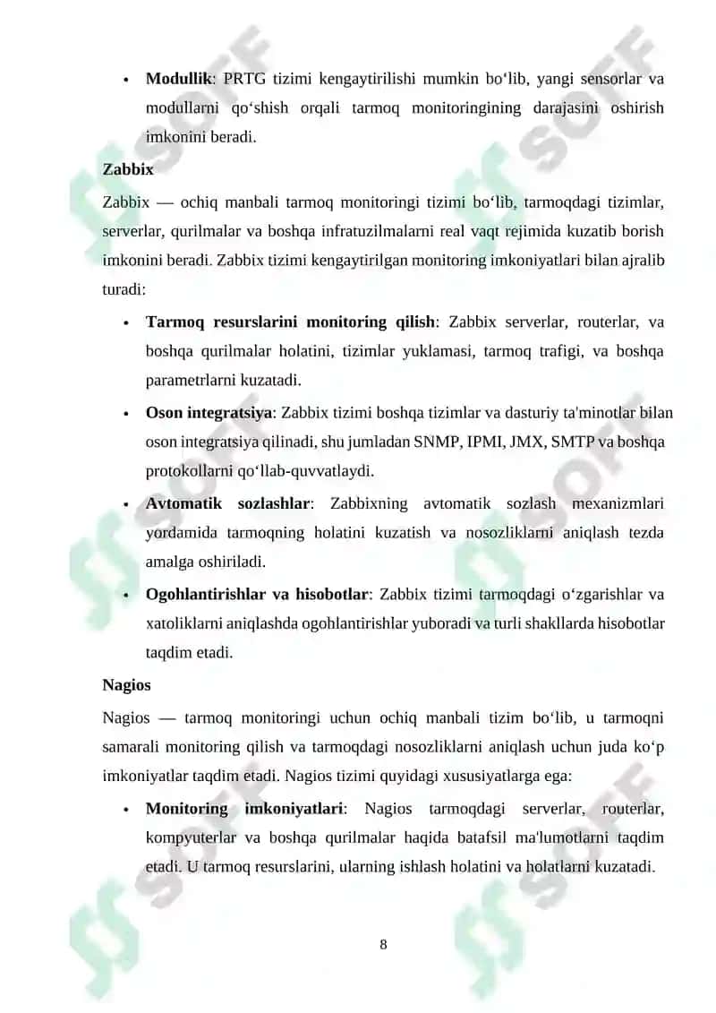Ma’lumotlar uzatish tarmoqlarining ishonchlilik ko`rsatkichlariga talablar va ularni oshirish usullari. Ma’lumotlar uzatish tarmoqlarida monitoring usullari va protokollari 8