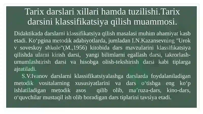 Tarix darslari, uningxillari va tuzilishi 8