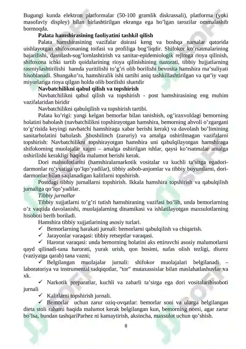 SHIFOXONANING TERAPEVTIK (DAVOLASH) BO’LIMI 8