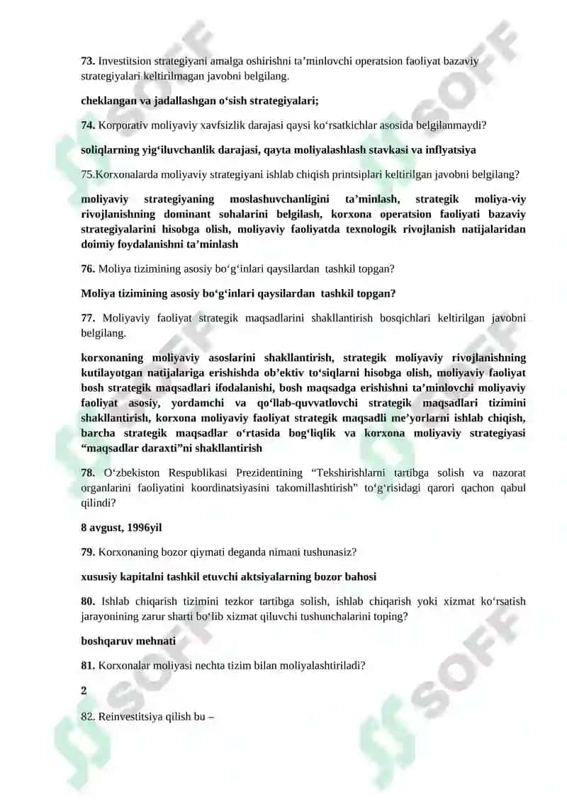 Korporativ moliya fani testlari 8
