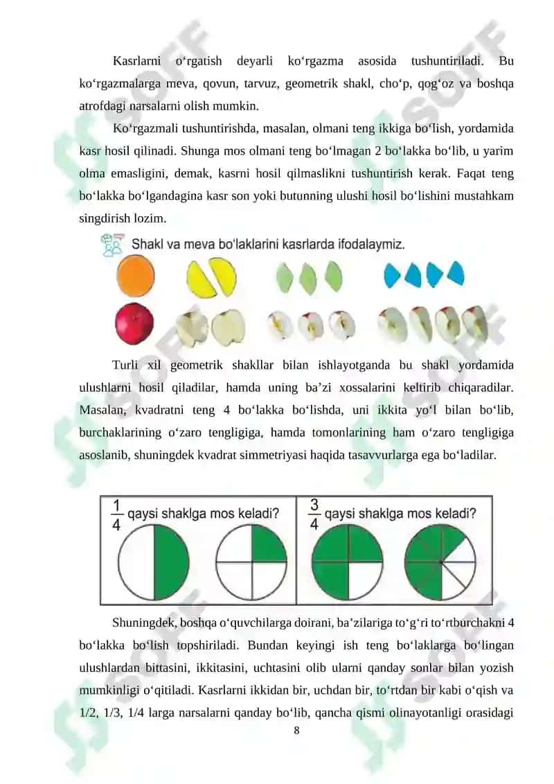 Ulushlar va kasrlar bilan tanishtirish metodikasi (boshlang`ich sinflarda). 8