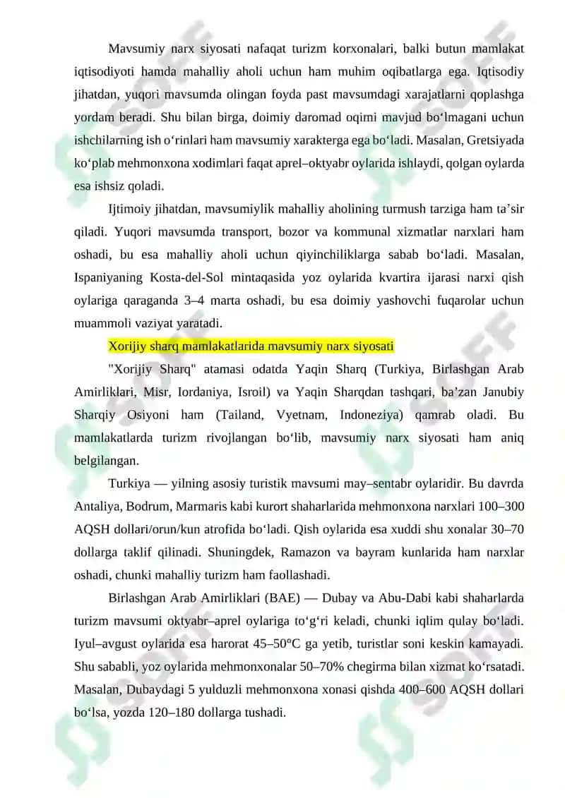 TURIZMDA MAVSUMIY NARX SIYOSATI VA UNING AFZALLIKLARI. 8