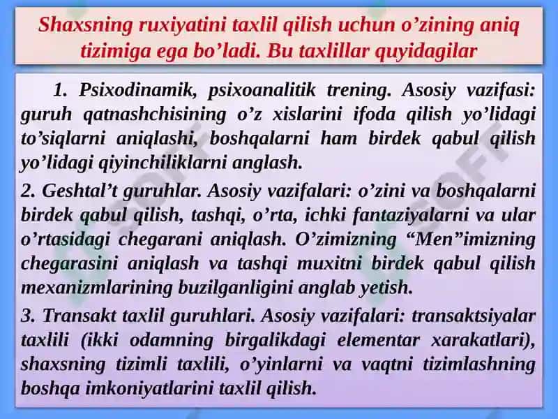 SHAXSNI BARKAMOLLASHTIRUVCHI TRENINGLAR 8