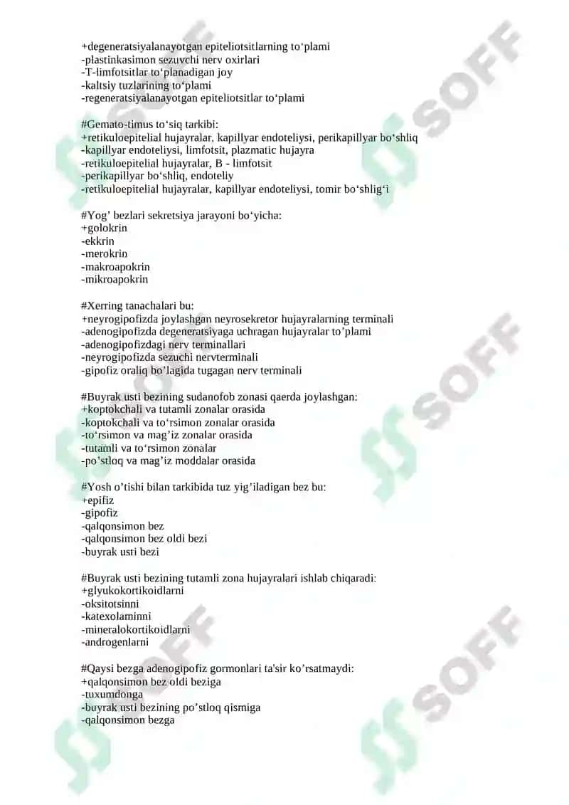 GISTOLOGIYA, SITOLOGIYA, EMBRIOLOGIYA FANIDAN SINOV TEST SAVOLLARI TO’PLAMI 8