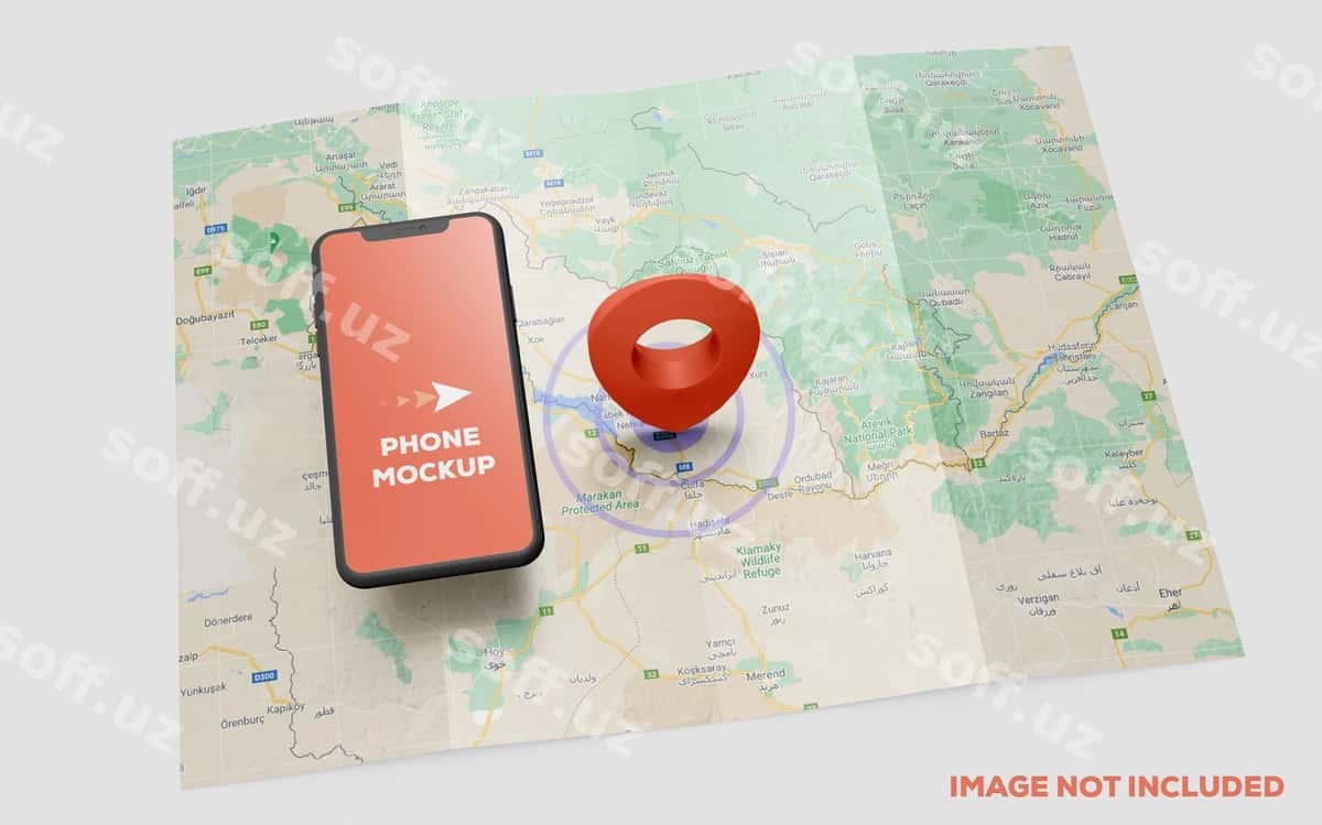 Smartfon uchun qizil GPS belgisi xarita namunasi | Smartphone red gps pin map mockup 1