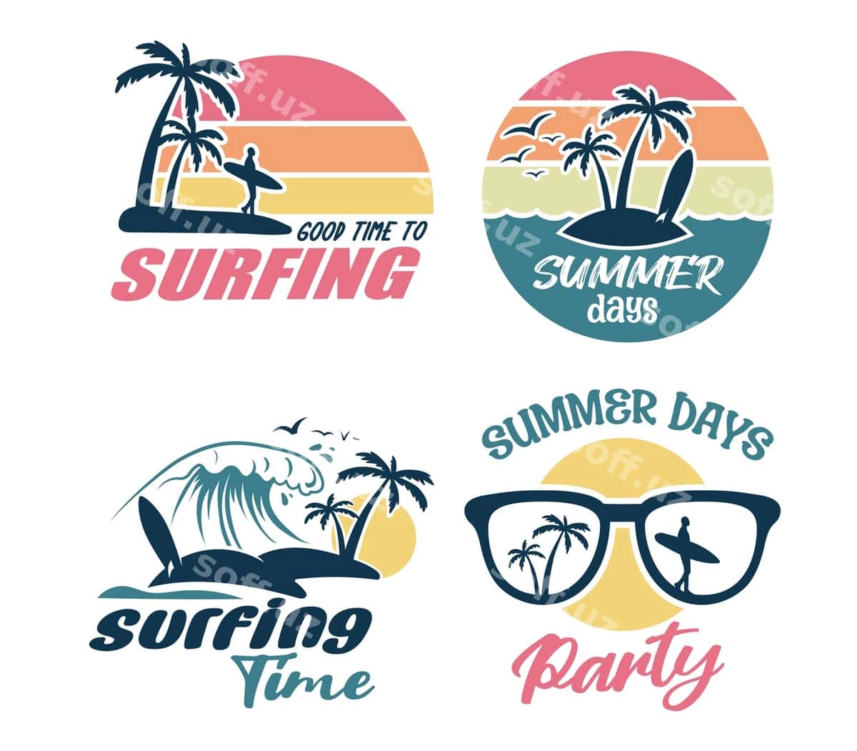 Yoz marafoni surfinq vintaj vektor komplekti | Summer party surfing vintade vector set 1